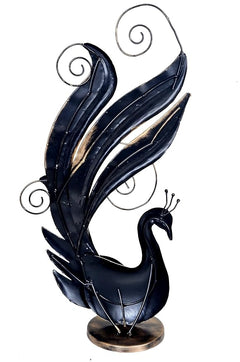Iron peacock showpiece in dark blue with curled feather spirals and round metal base