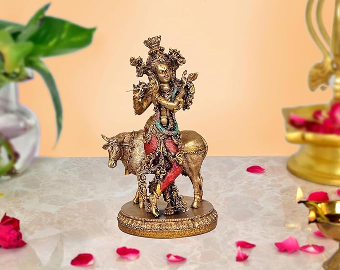 Resin Lord Krishna with Cow Idol Statue | Home Decor | Multicolour | Height 11 Inches