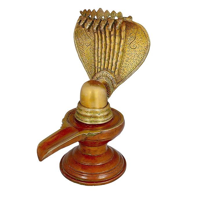 Brass Shiv Ling/Shiva Linga (13 inch) with ornate heart back and wooden base