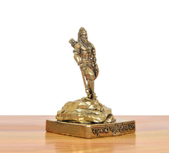 Brass Bhagawan Parashurama statue from rear angle, standing pose, on base with text