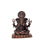 Copper Lord Ganpati murti, front view, seated posture with ornate pedestal