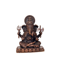 Copper Lord Ganpati murti, front view, seated posture with ornate pedestal