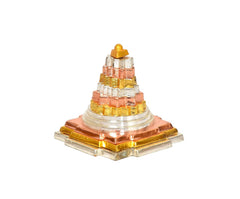 Brass Shri Yantra mandir idol angled view, gold and silver levels with pink center