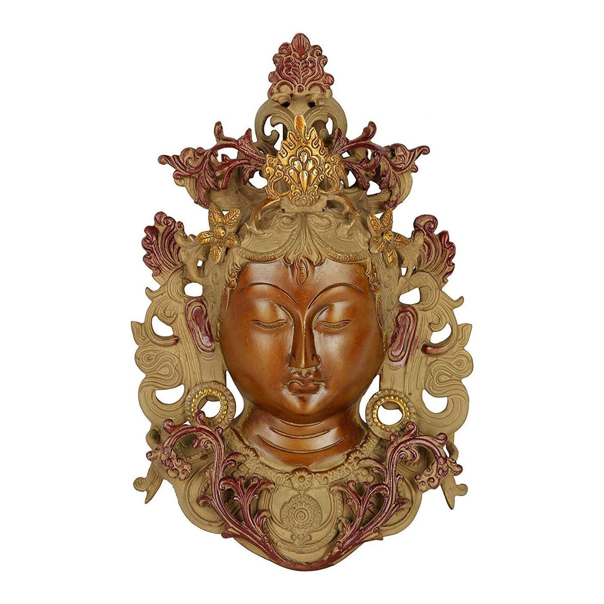 Tara mask wall hanging in mud gold brass with ornate face and floral cutouts