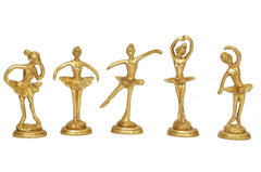 Five gold brass ballerina figurines in five dance poses, each on a small base