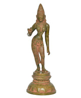 Brass Parvati idol with posed arms, detailed jewelry and patterned leggings
