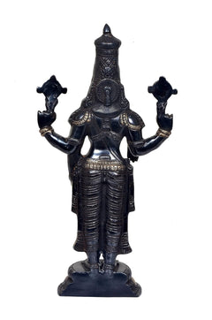 Brass Venkateswara Tirupati Balaji statue, back view with raised arms and gold accents