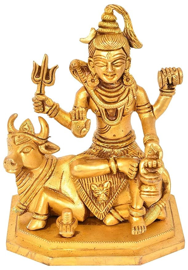 Brass Lord Shiva seated on Nandi with Shiva linga, detailed figurine statue