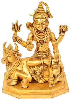 Brass Lord Shiva seated on Nandi with Shiva linga, detailed figurine statue