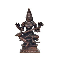 AONA dark bronze Saraswati statue seated cross-legged, holding veena