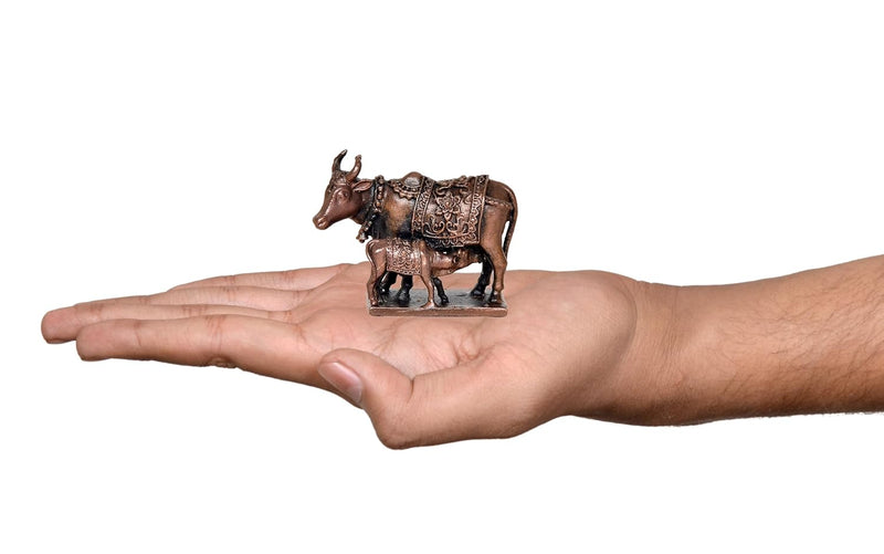 Copper Cow with Calf Pooja Mandir Home Decor (Height 2 Inch)