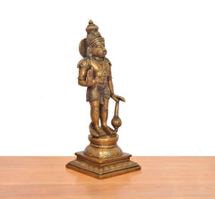 Hanuman ji brass standing statue from rear, engraved jewelry and armor details