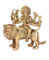 Brass Maa Durga statue on lion, trident and blessing gestures, 5-inch