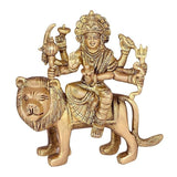 Brass Maa Durga idol statue (5 inch), seated on lion with raised hands