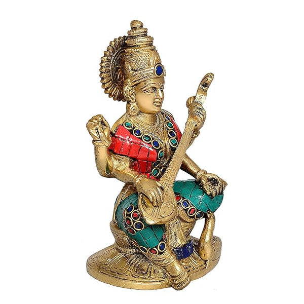 Brass Goddess Saraswati Murti (Height 6.5 inch) Study Setting