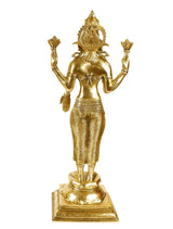Brass Lakshmi goddess statue, front view, raised hands and circular halo design