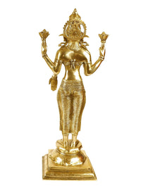 Brass Lakshmi goddess statue, front view, raised hands and circular halo design