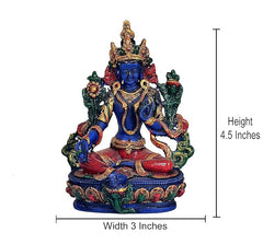 Resin Blue Tara statue, height 4.5 in; seated figure on decorative round base