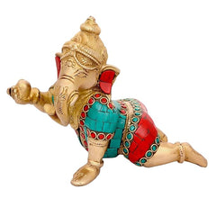 Brass Lord Ganesha idol, 4-inch figure with red and teal decorative dress