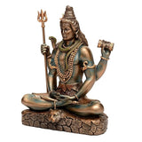 Resin Lord Shiva figurine seated cross-legged, trident in left hand, bead necklaces and arm bands