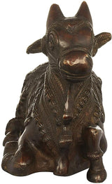 Brass Nandi Vahana of Shiva figurine, 7 in, front view bull with textured armor