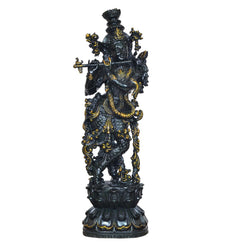 Lord Krishna brass figurine playing flute, crown and jewelry details, full figure