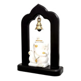 Lord Ganesha marble statue with gold-tone jewelry and brass bell, wooden base