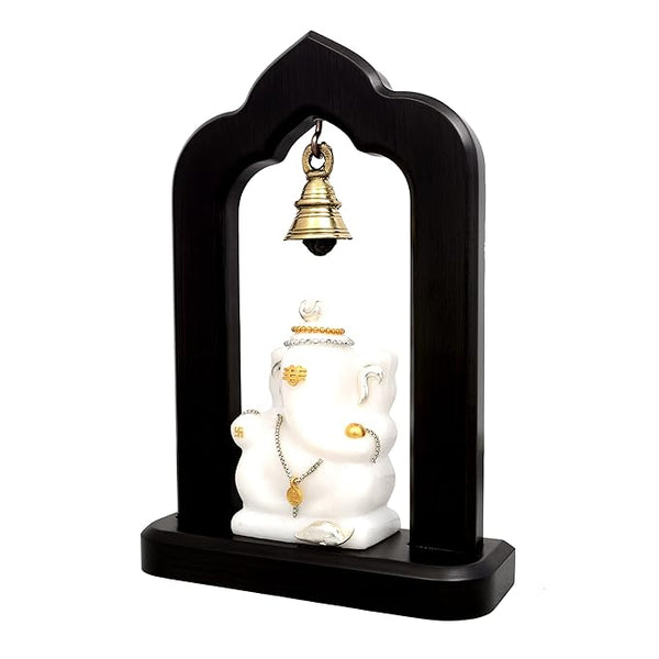 Marble Lord Ganesha Idol Statue with Brass Hanging Bells Wooden Base Ganesha Idols for Home Living Room Office Decor Gifts Height 9 Inch