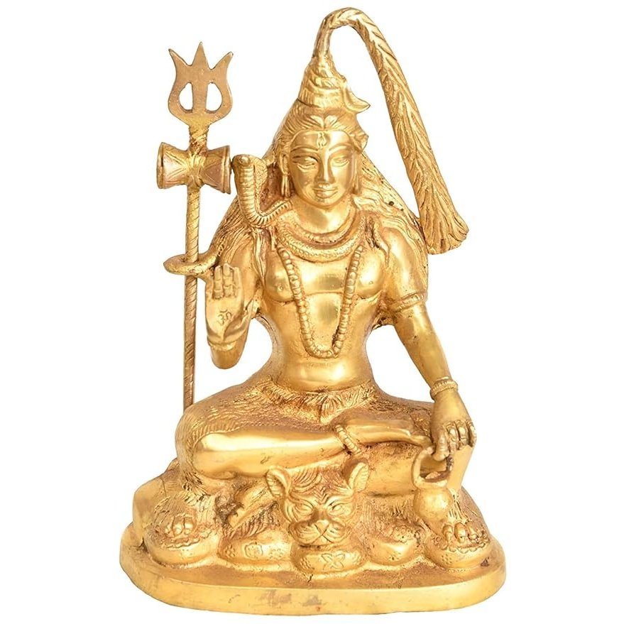 Brass Shiva figurine in Ashirwad mudra, holding trident, height 9.4 inch