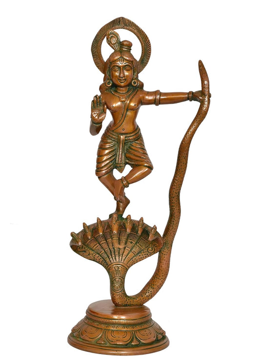 Brass Krishna Bhagwan Murti Dancing on Kaliya Naag - Religious Statue for Home Temple Pooja Decor (Height 13 Inch)