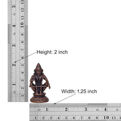 Copper Ayyappan statue, 2 inch height, shown with measuring ruler (1.25 in width)