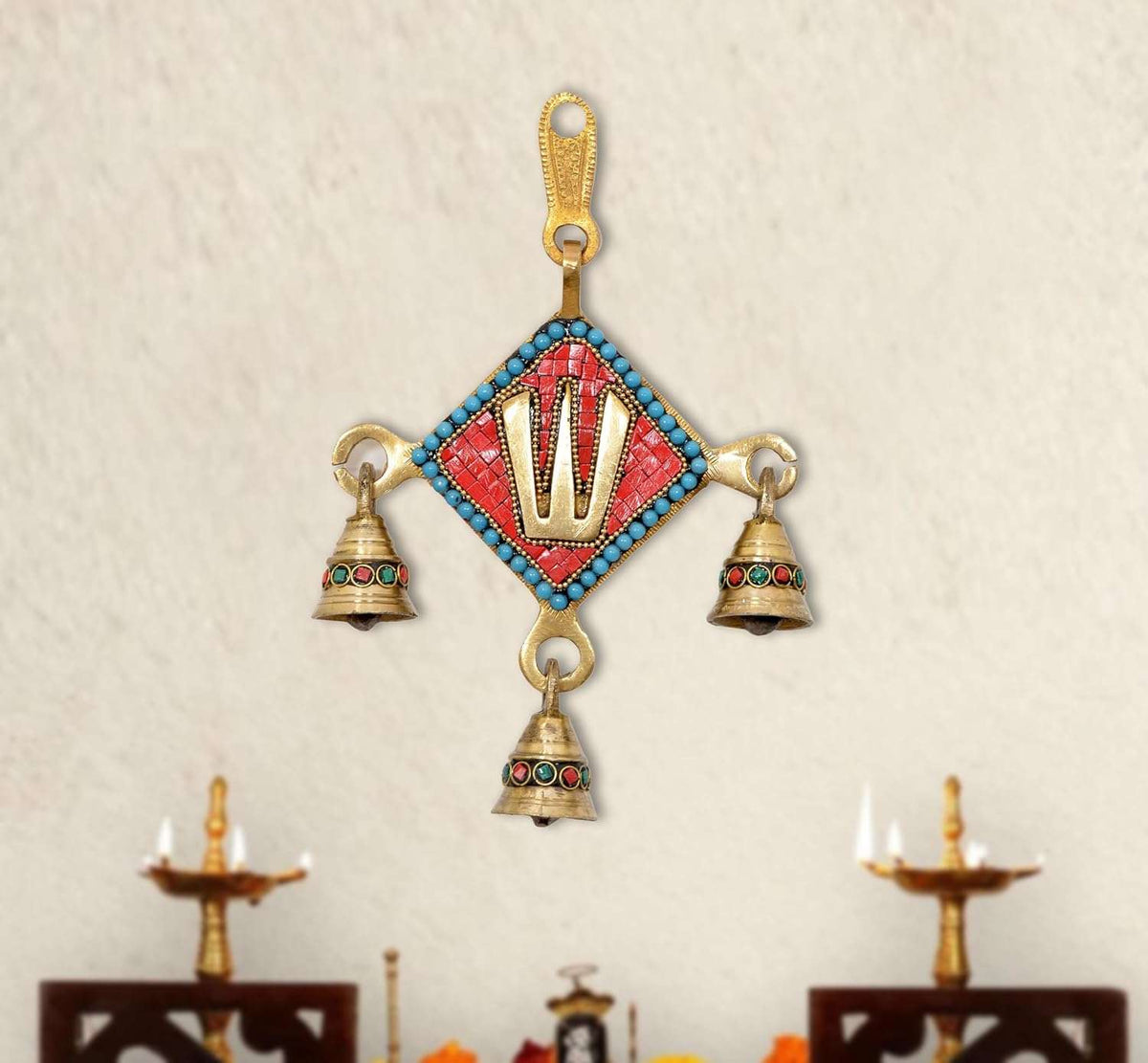 Brass Balaji wall hanging idol with multicolor diamond center and three small bells