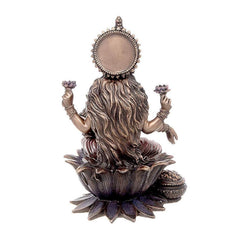 Bronze-finish Laxmi murti, back view with long flowing hair, seated on lotus