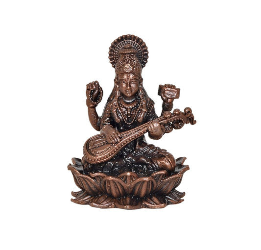 Copper Goddess Maa Saraswati Sitting Devi of Study Maa Saraswati (Height: 2.5 Inch)