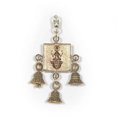 Bronze Lakshmi wall hanging with square panel and four bell tassel ends