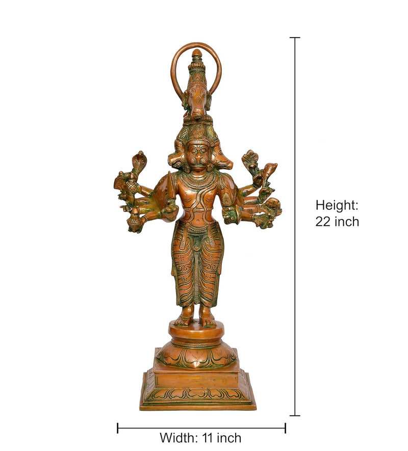 Brass Standing Panchamukhi Hanuman Statue - Handcrafted Hindu God Idol for Home Decor (Height 22 Inch)