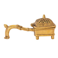 Brass incense stand with domed perforated lid, low feet, and side handle