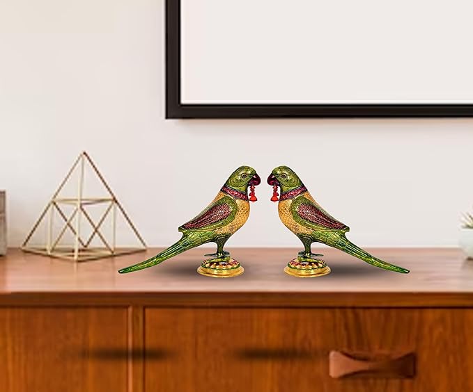 Set of 2 iron parrot statues on gold bases, green and gold with red accents