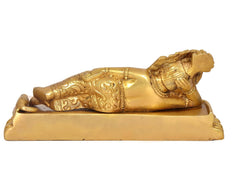 Brass reclining Ganesha statue with raised base, close side view for pooja