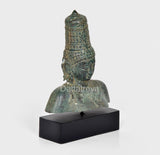 Parvati bronze bust statue, back view with layered hair ornamentation and patina