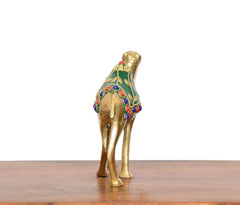Brass camel figurine side view, green jeweled saddle with red blue bead trim