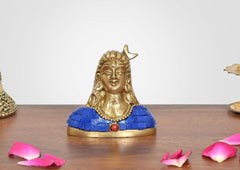Brass Adiyogi Shiva idol with blue patterned torso and red pendant, front view