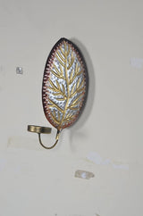 Iron leaf-shaped candle holder wall art with wire loop and oval brown-gold finish