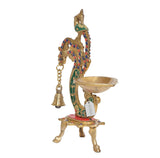 AONA brass peacock diya lamp with chain bell, gold legs, and enamel tail design
