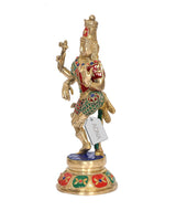 Ardhanarishvara brass murti in side view, multicolor painted ornaments and blue base