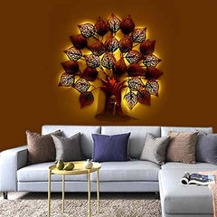Metal pipal tree wall hanging with Buddha LED lights, golden leaf cutouts