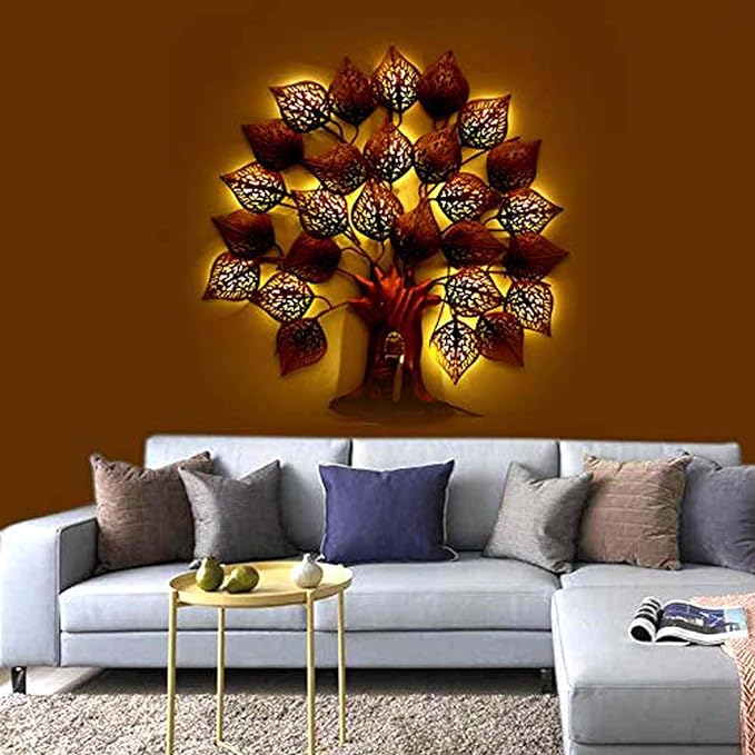 Metal Wall Mounted Elegant Religious theme Pipal Tree with Buddha and LED Light , Height 30 inch , Multicolour , Full Size