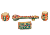 Painted brass instruments set: sitar bar, harmonium box, and two decorated drums
