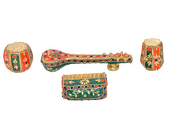 Painted brass instruments set: sitar bar, harmonium box, and two decorated drums