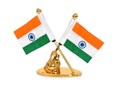Metal Indian flag ornament with Ganesh statue, gold stand and circular base